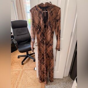 Mango Brown Printed Long-Sleeve Tie-Front Maxi Dress